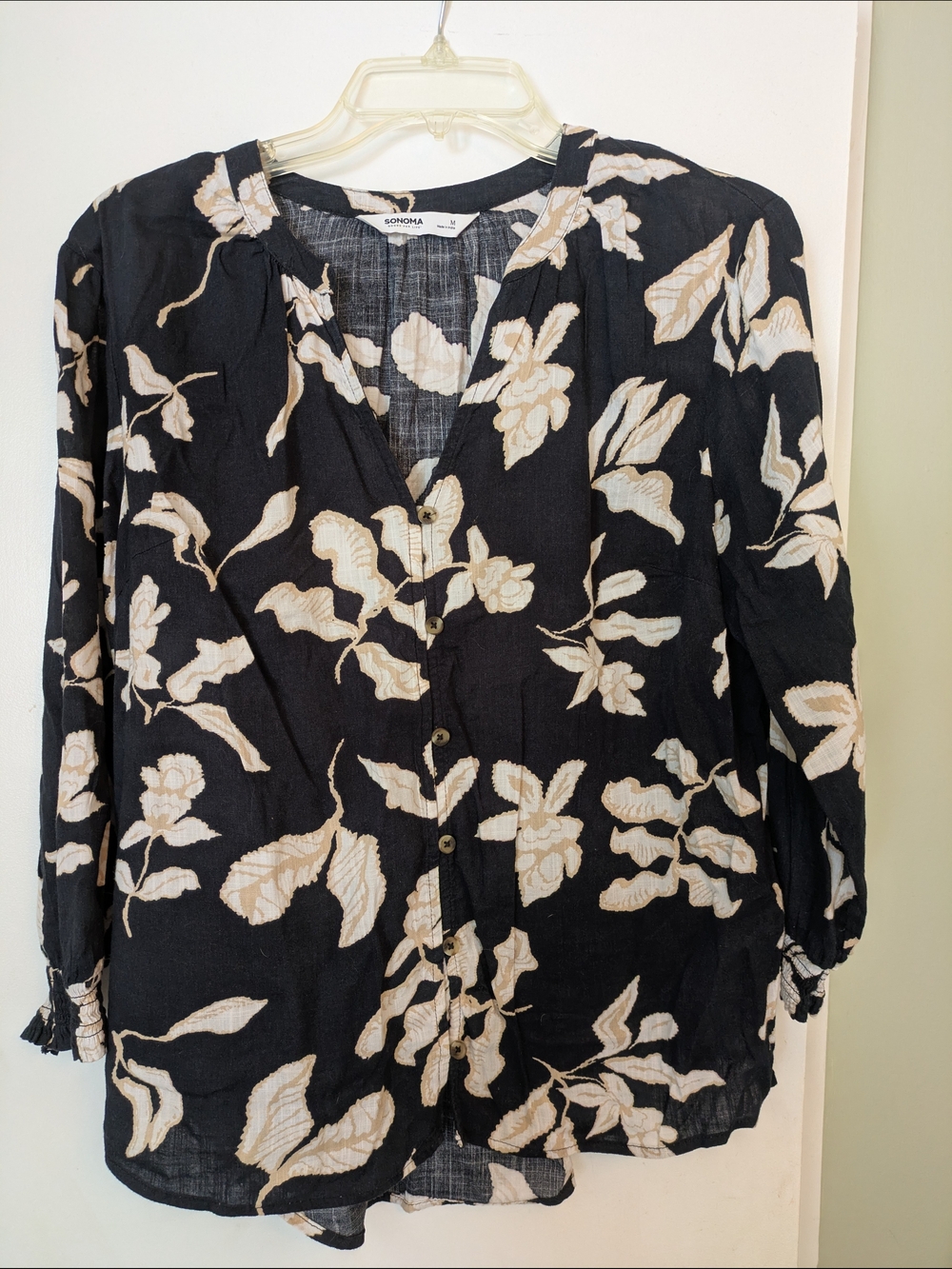 Sonoma Black Button-Front Blouse with Cream Floral Print